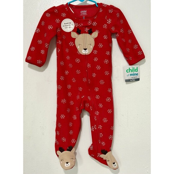 Child Of Mine By Carters NWT Red Snowflake & Reindeer Sleeper Infant 6-9 Months - Picture 1 of 4